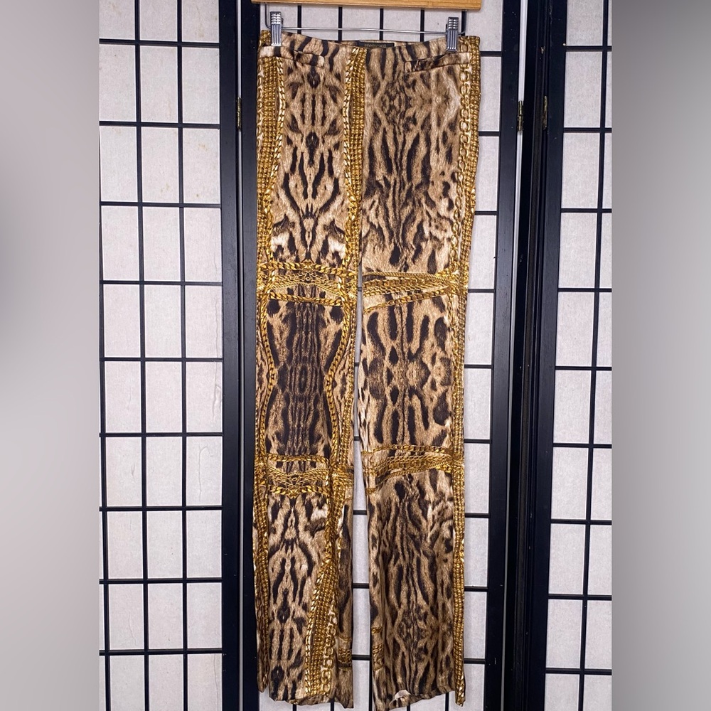 Roberto Cavalli Leopard and Gold Chains Flared Leg Silk Stretch Pants - Picture 4 of 13